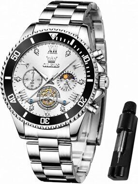 Luxury Men's Stainless Steel Chronograph Watch, Waterproof Analog Quartz, Moon